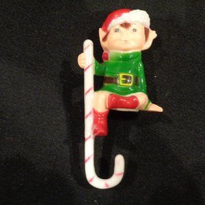 Christmas elf stocking hanger vintage unused candy cane hook